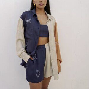 SANI Colorblock Bandeau & High Rise Short Set Embroidered Navy Cream Size Small